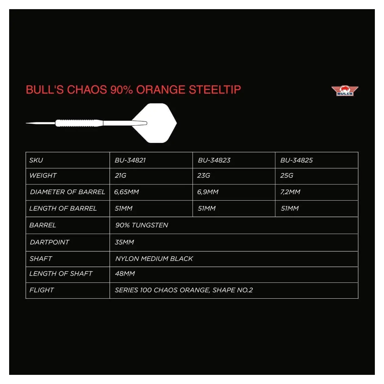 Bulls NL Chaos Orange 90% Tungsten Steel Tip Darts 23g - Image 7