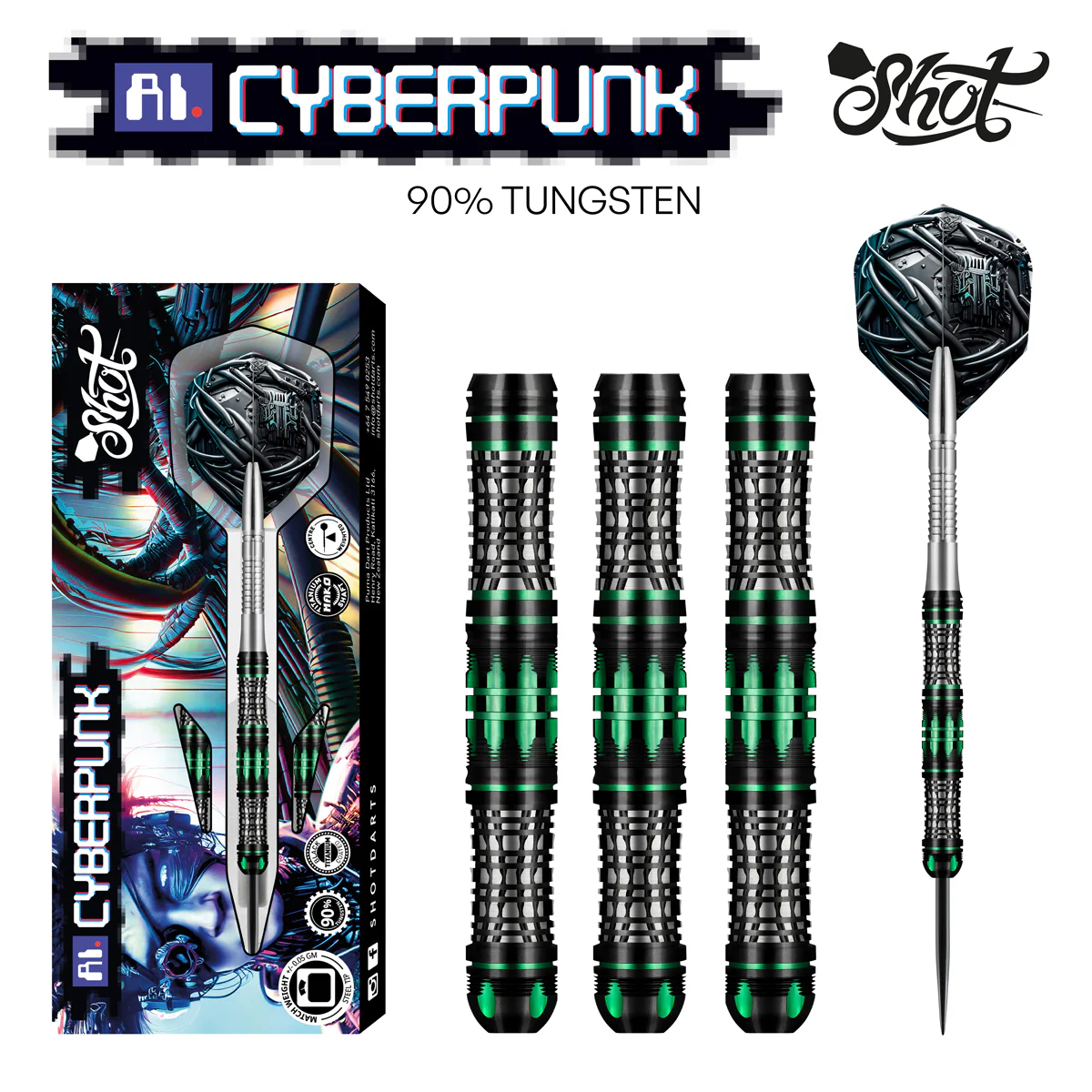 Shot AI Cyberpunk Steel Tip Dart Set 90% Tungsten Barrels 24g - Image 2