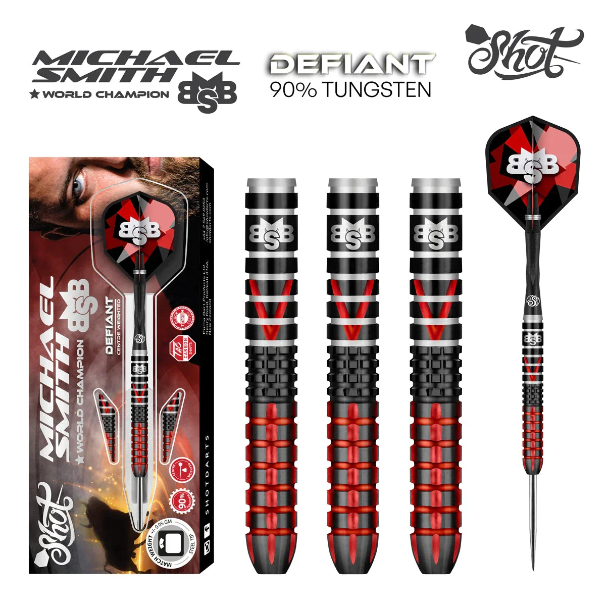 Shot Michael Smith Defiant 22g 90% Tungsten Steel Tip Darts - Image 2