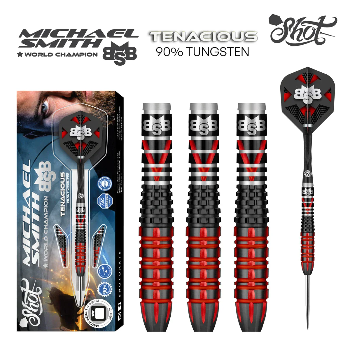 Shot Michael Smith Tenacious 25g 90% Tungsten Steel Tip Darts - Image 2